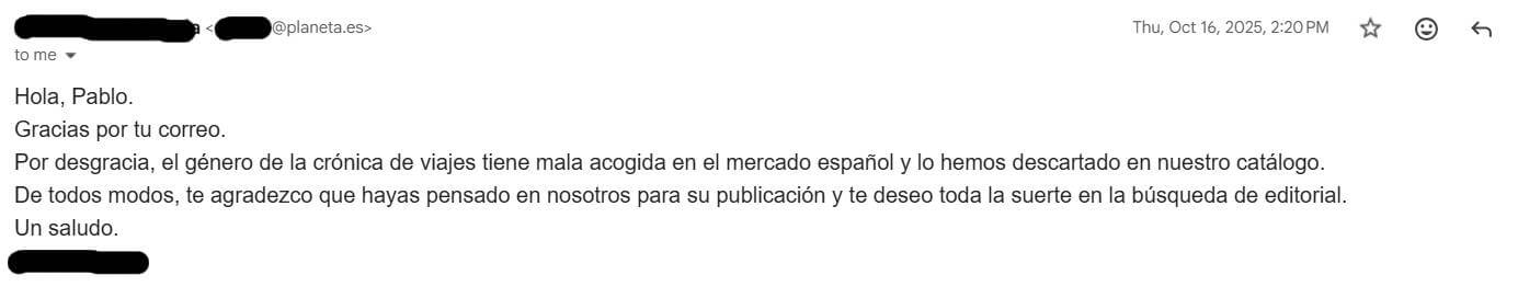 Correo de rechazo de la editorial Planeta
